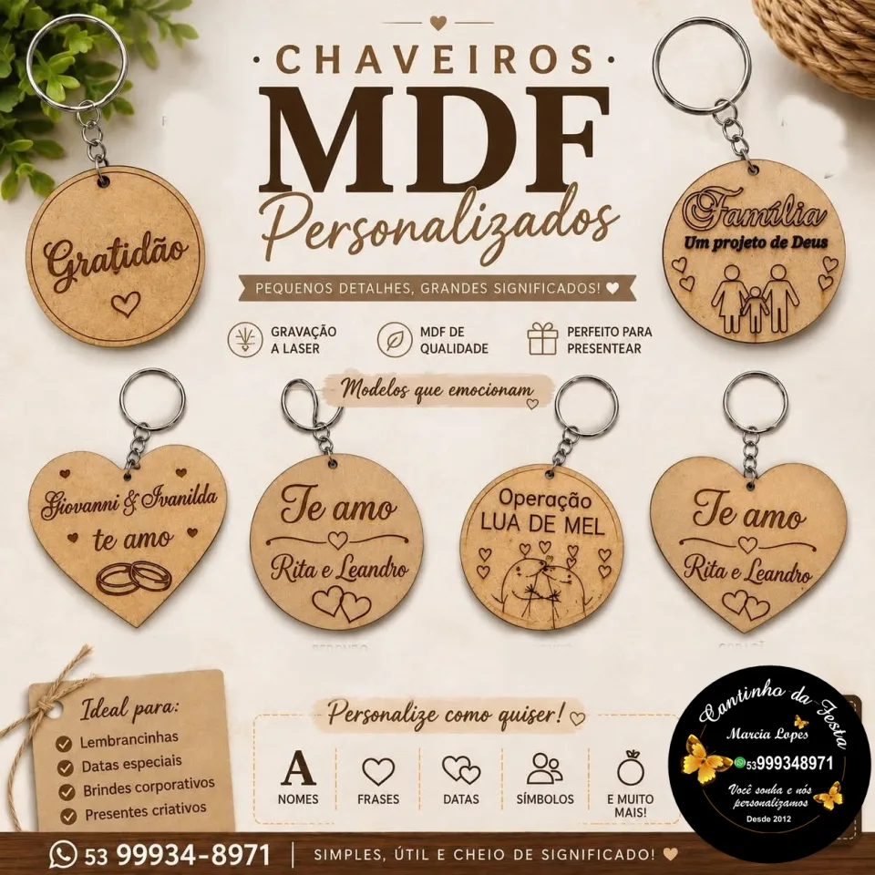 Trabalhamos chaveiros em MDF em qualquer tema e evento. 🎁💖